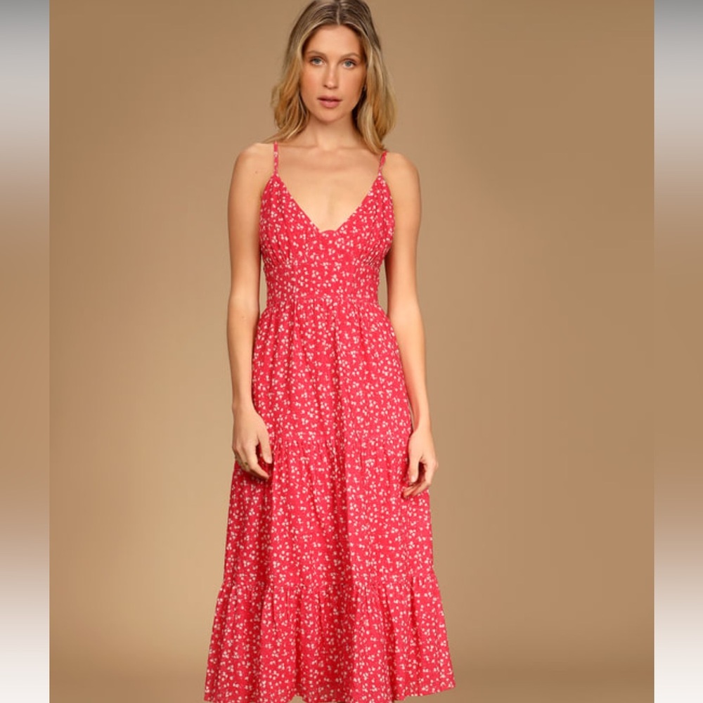 Lulu’s, never worn Bliss Abound Red Floral Print Tiered Midi Dress